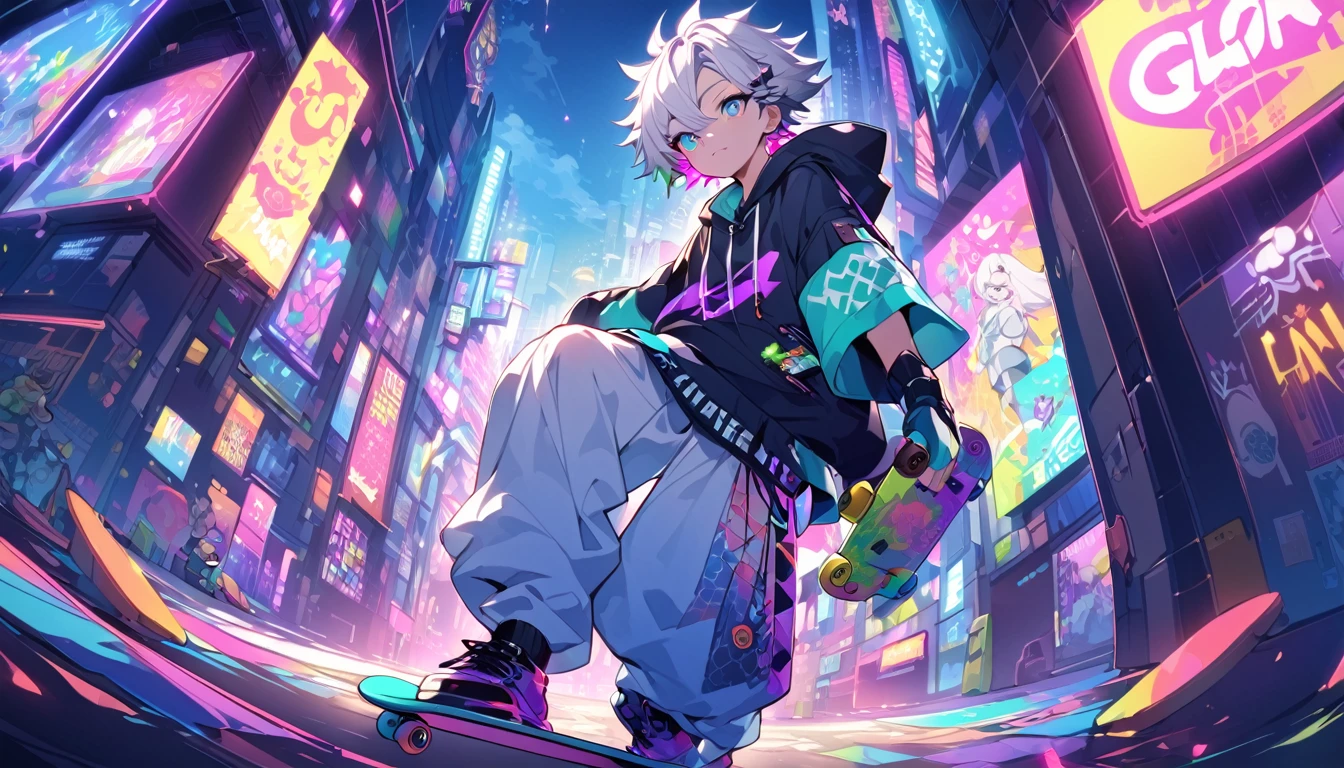 "In a vibrant place、Create a cartoon illustration of a young man doing amazing tricks on a skateboard。, Neon-lit urban environment. Characters need spiky hair, Wearing stylish clothing, including a hoodie, Baggy pants, Accessories such as goggles and armbands. Skateboards are colorful, Eye-catching design. Draw a bright cityscape in the background, Colorful lights and signs, Gives vitality and energy."、White Hair、
