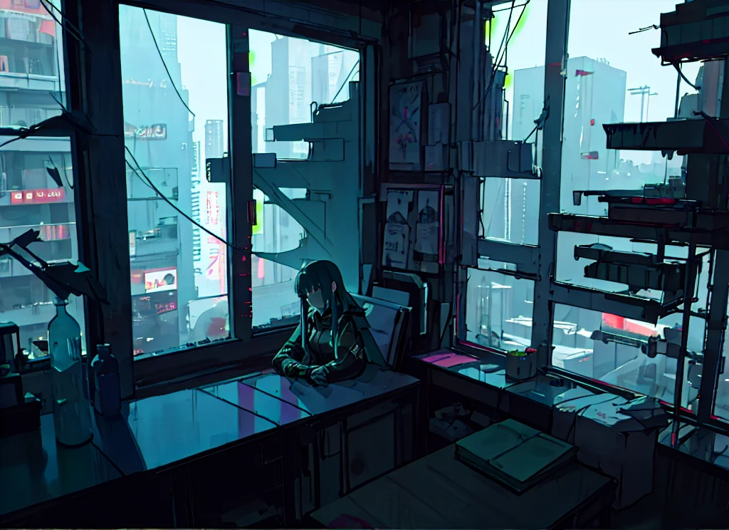 At night, there are dim blue-green lights indoors, bookshelves half full of books, various items on the tabletop, windows directly in front of the window, windows account for a quarter of the picture, night view of the city outside the window, anime style 4 K, cyberpunk anime, 4k anime wallpaper, anime art wallpaper 8 k, anime style. 8K, digital cyberpunk anime art