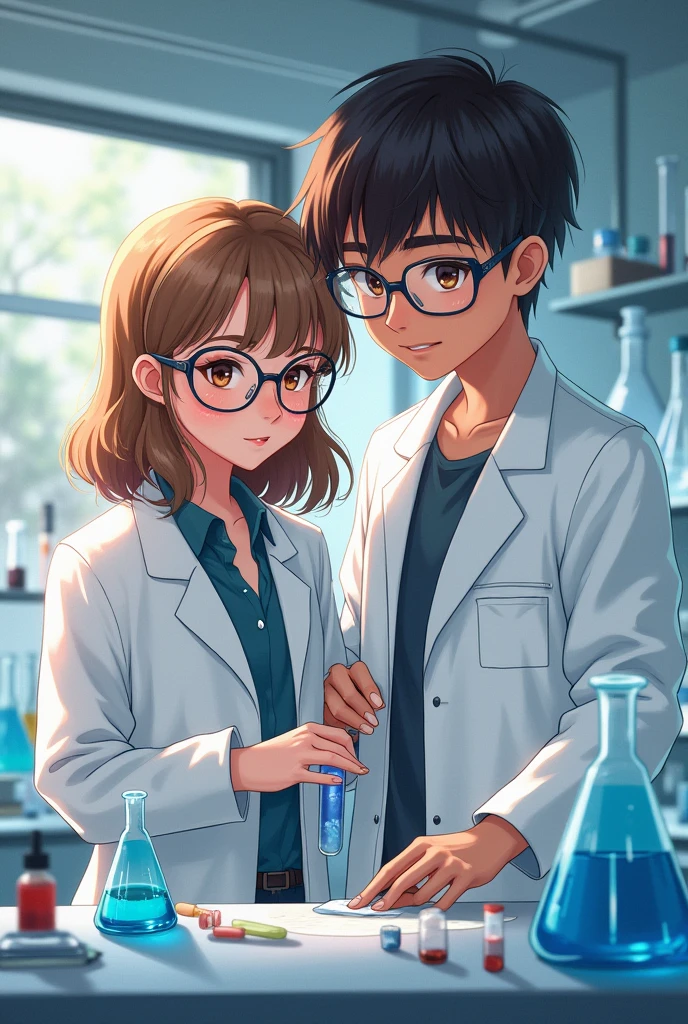 Couple of a short girl with shoulder-length wavy light brown hair with honey-colored eyes and glasses, lab coat and lab equipment with tall boy with straight dark brown hair, brown skin dark brown eyes and glasses with lab coat