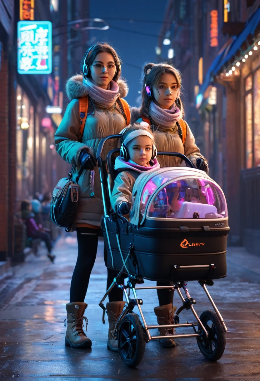 ((high qualiy)), ((work of art)), 8k, 2 little girls, carriages, lightrays, extremely detailed CG unity 8k wallpaper, CG game, looking ahead at viewer, mitts, booties, whole body, to attend , computer, mask, drone, holding gun, earbuds, jaket, duffel bag, duffel bag, camel toe, neon