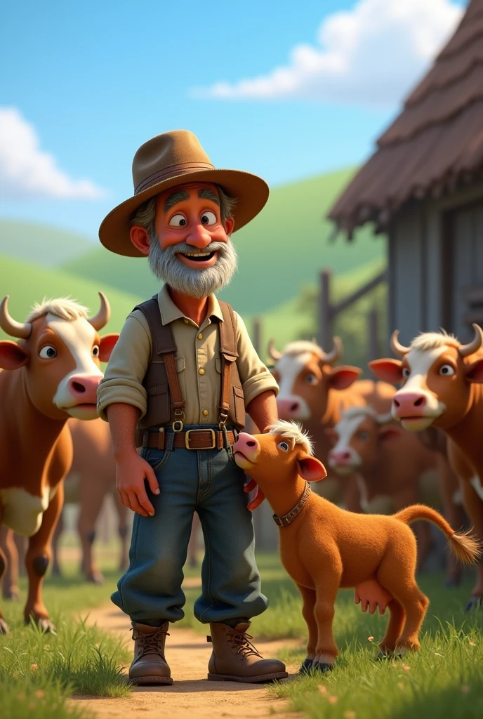 The middle aged  poor farmer happily feeding the cows Pixar style full hd disney