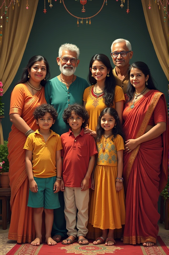 An Indian family with 3 male children of  years 1 female children of 8 years 1 male teenager of 14ears 1 female teenager of 14 yrs 1 female teenager of 17 yea 1 male adult of 19 years 2 female adult of 20 years 4 mothers 4 fathers 2 grandmothers 1 grandfather together in one pic