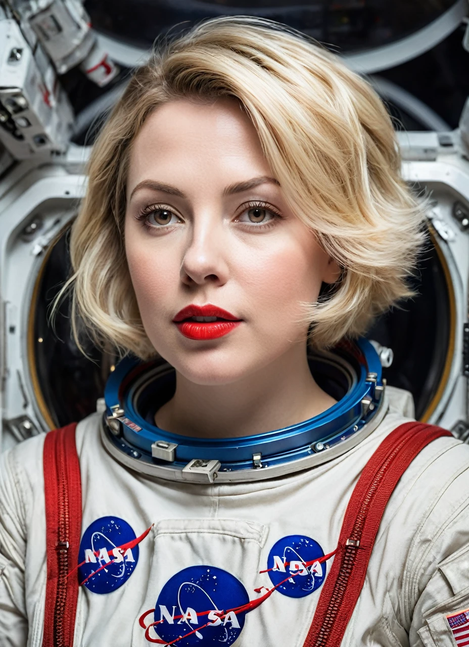 35 year old aged skin,((gorgeous realistic short hair blonde bob cut, female 35 years age ((Floating in space realistic futuristic stars and nebula)), she looks happy sleepy, Night time, ((artistic pose)), ((she has a red ribbon in her hair)), she is wearing a white sheer very low cut silk gymnast leotard, (photorealistic), (in white lowcut leotard), (Style-Glass), hdr, antialiased, 8k, ((syd mead)), sharp details, ((masterpiece)), (painterly), (good anatomy), (good proportions), (good composition), (dramapaint), (style-sylvamagic) 1 woman, Captivating, Professional Studio Lighting, Expertly lit, The scene is filled with a sense of tranquility, magic, and natural beauty, transporting the viewer to a world of fantasy and wonder (best quality, high resolution), (golden earrings and a large pearl necklace), (Big Boobs), sensual smile,