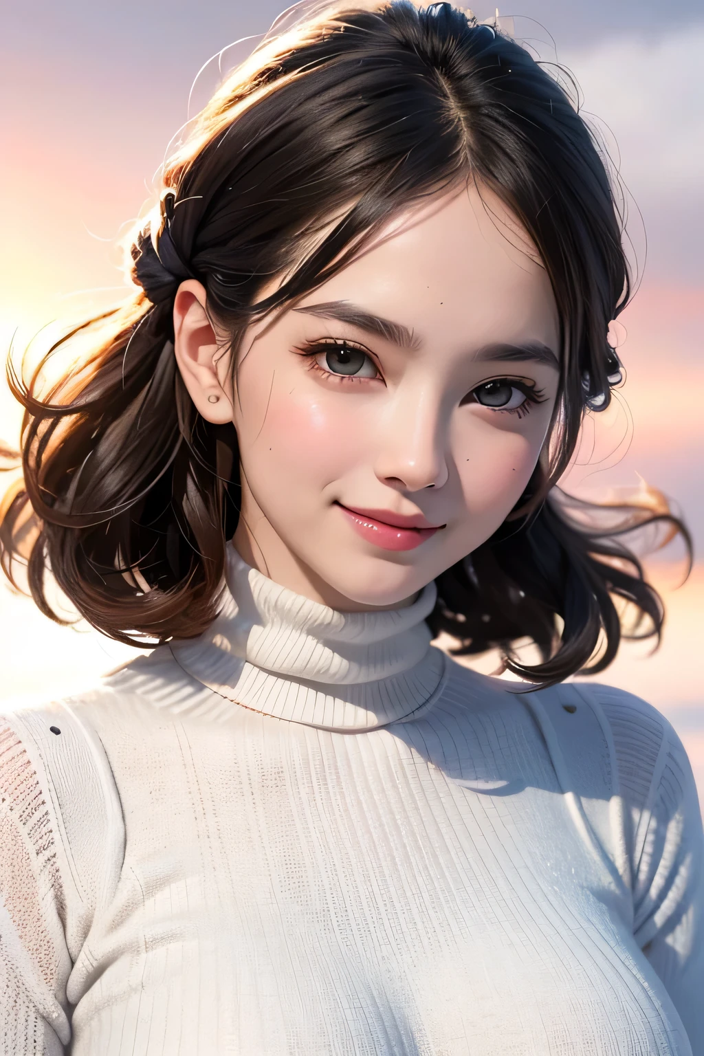 (UHigh resolution, retina, masterpiece, Accurate, Anatomically correct, Textured skin, Super Detail, Attention to detail, high quality, 最high quality, High resolution, 1080P, High resolution, 4K, 8k, 16K), (美しいAttention to detail目, Beautiful lip detail, Highly detailed eyes and face), Studio Lighting, Physically Based Rendering, Brightly colored boobs, Super big breasts, super extra big , Glamorous Body), (White turtleneck knit), (Portraiture, Bowl Cut, Shiny Hair, Glowing Skin), (Bokeh), (incline one's head to the side:1.5), Eye Reflexes, Jet Black Hair, Distinctive large, narrow eyes, Snow-like skin, Pink Lips, Rosy Cheeks, Large Breasts, A charming smile that captivates everyone who sees it, and the intelligent brain,