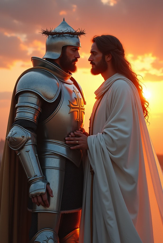 A man in white silver armor with the emblem of a cross and a crown of thorns on the breastplate next to a man in a shining white robe with long hair in front of a sunset