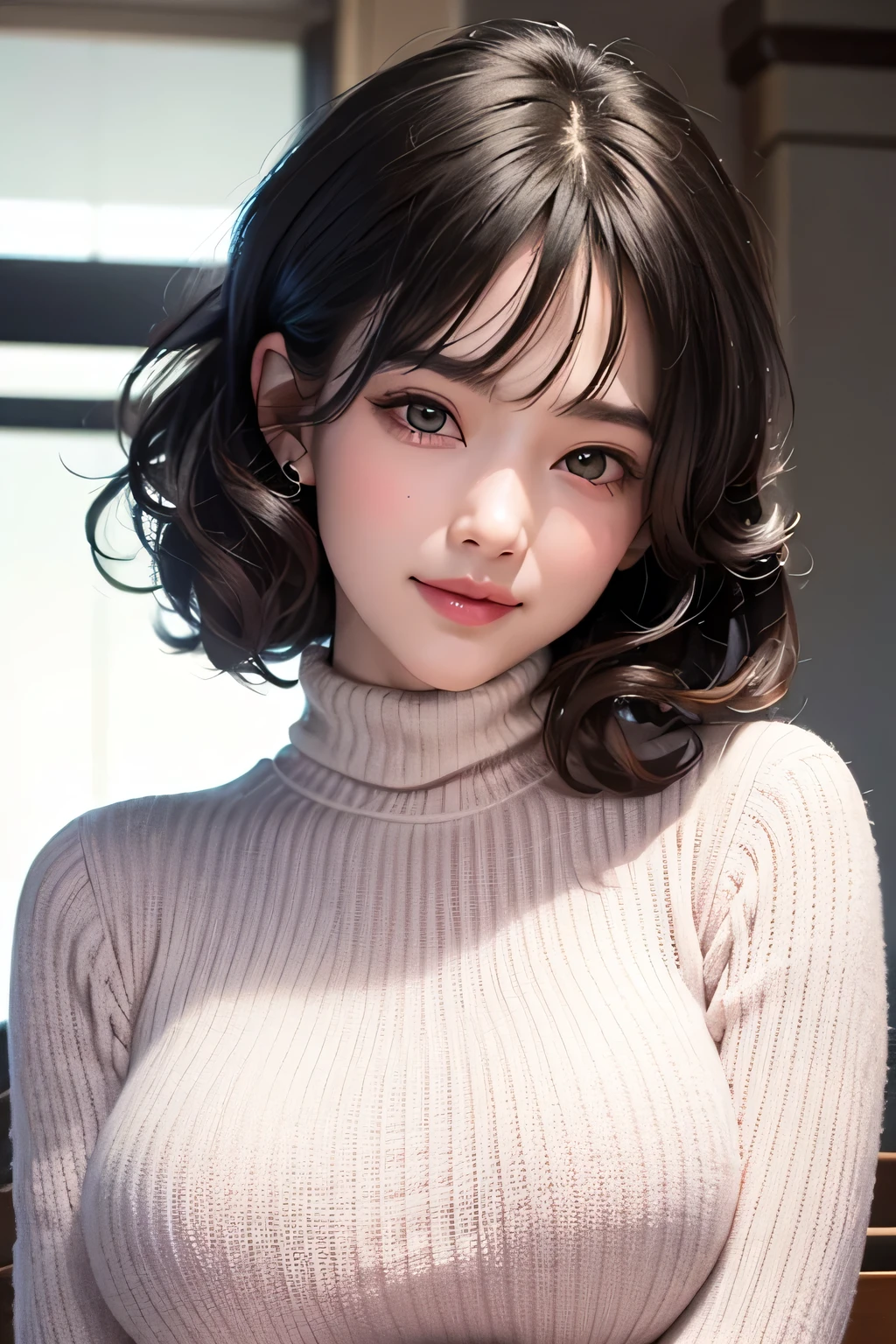 (UHigh resolution, retina, masterpiece, Accurate, Anatomically correct, Textured skin, Super Detail, Attention to detail, high quality, 最high quality, High resolution, 1080P, High resolution, 4K, 8k, 16K), (美しいAttention to detail目, Beautiful lip detail, Highly detailed eyes and face), Studio Lighting, Physically Based Rendering, Brightly colored boobs, Super big breasts, super extra big , Glamorous Body), (White turtleneck knit), (Portraiture, Bowl Cut, Shiny Hair, Glowing Skin), (Bokeh), (incline one's head to the side:1.5), Eye Reflexes, Jet Black Hair, Distinctive large, narrow eyes, Snow-like skin, Pink Lips, Rosy Cheeks, Large Breasts, A charming smile that captivates everyone who sees it, and the intelligent brain,