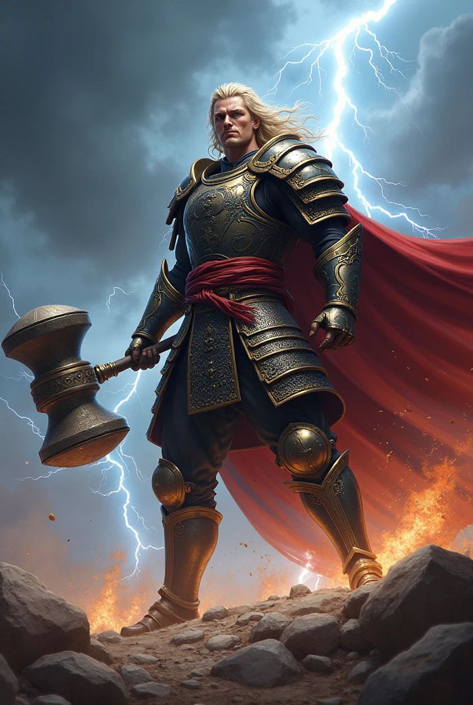 Man in samurai armor, blonde, hammer, red cape, lightning