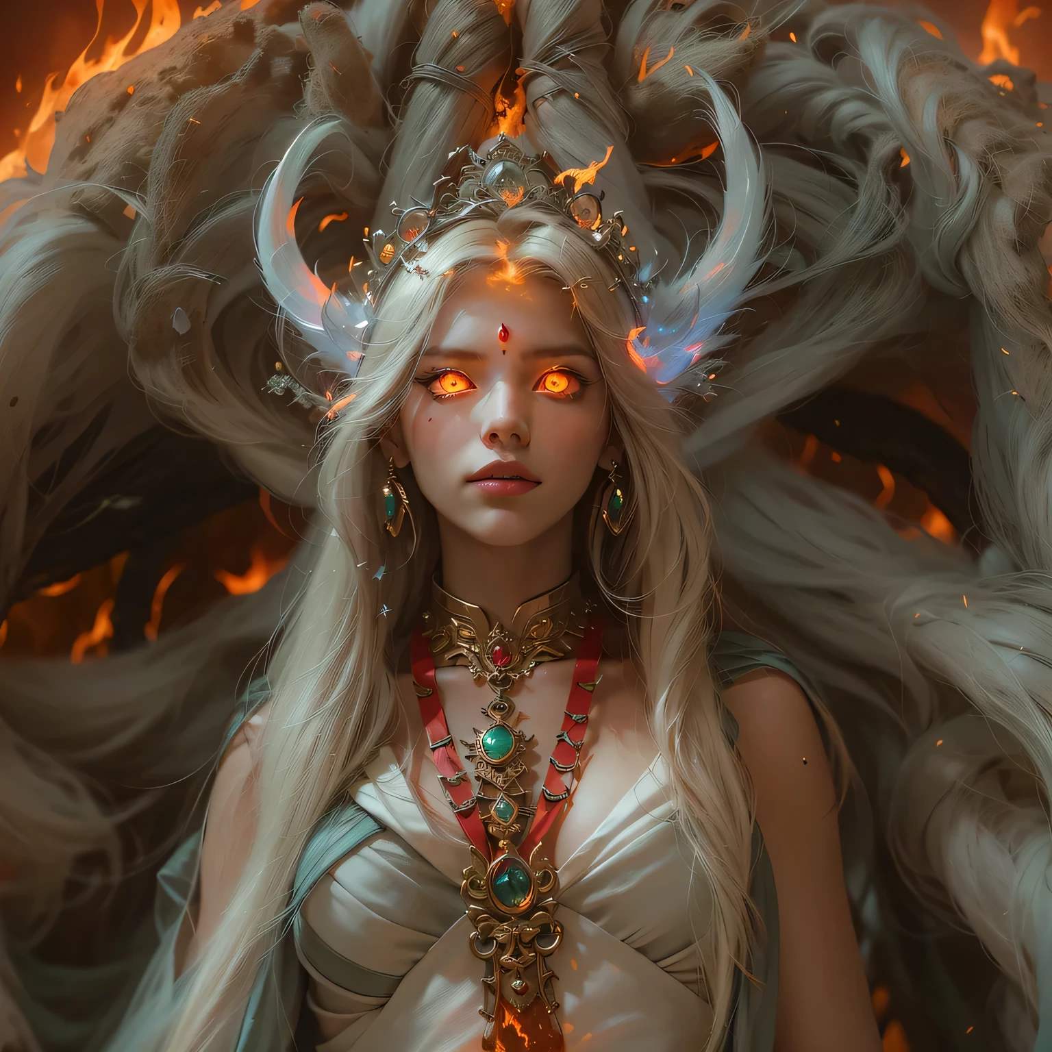 (cat ears on head), (award-winning masterpiece galore, incredibly detailed, textured and maximally detailed), (hyper realistic:1.4), (realistic:1.3), (full body portrait) (top quality realistically textured skin), (dense perfect circle symmetrical eyes), finely drawn face((Medieval World)), ((Woman of the Lord's Fires)), (bright and icy look in her eyes), (full body standing image:1.6), (she has a mischievous smile on her face), (eyes glowing red in the dark:1.5), (red eyes with strong red glow from within:1.5), (full body standing image), (flames and fire swirling in background), (dramatic light), (majestic scene), (her expression is kind and beautiful, but somewhat scary), glass earrings in her ears, (dramatic photo:1.4), (gives full body standing image:1.5), ((dramatic pose)), (golden hair), (silver hair), (chestnut hair)short-cut hair, ((looking up)), ((looking down)), (a simple necklace of elaborate workmanship hangs around her neck), (brilliant glowing bioluminescence: 1.3), (uses flamboyant flame magic: 1.2), (swirling flames), great temple of the devil, great temple of the devil, cathedral, temple ruins, temple away from temple, (glowing magic circle), ancient castle ruins, glowing majestic cloud masses and sky, lightning, epic realistic, faded, art, (glowing magic circle), (glowing magic circle), (glowing magic circle), (glowing magic circle), (glowing magic circle), ancient castle ruins, glowing majestic cloud masses and sky, lightning, epic realistic, faded, art, (glowing magic circle)(Greg Rutkowski:0.8), (teal and orange:0.4), (art station:1.5), cinematic, ((neutral colors)), (HDR:1.5), (muted colors:1.2), highly detailed, dramatic light, (complex details:1.1), complex backgrounds
