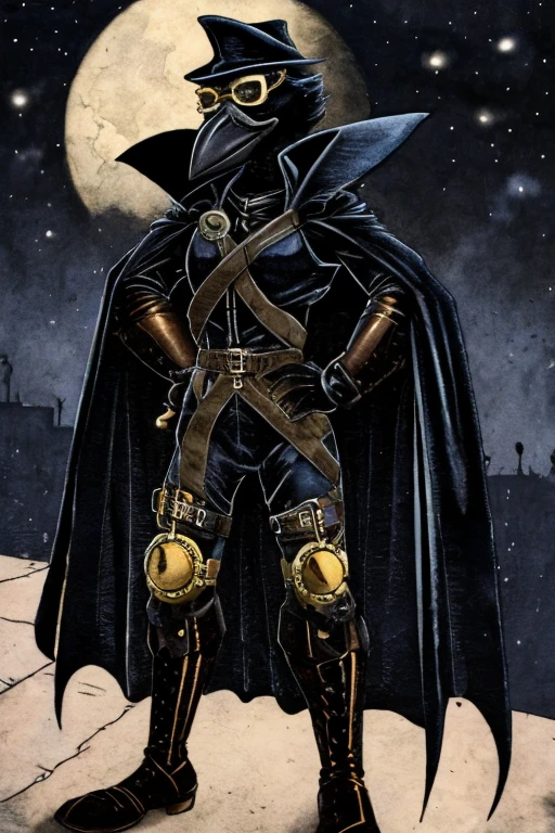 Anthropomorphic crow, wearing a mask, wearing protective glasses, wearing a black superhero costume, wearing cape, at night, Steampunk