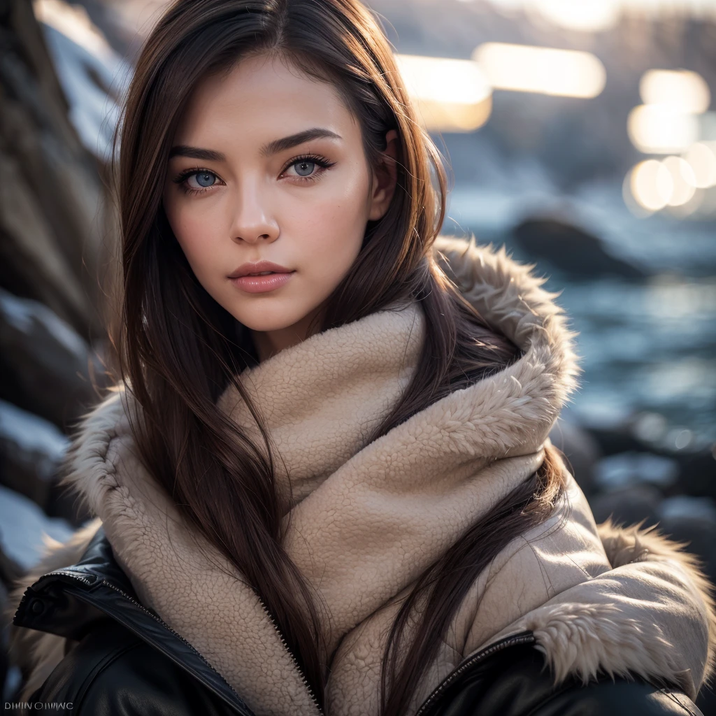 chrrblssm (sharp focus:1.2), photo, attractive young woman, (beautiful face:1.1), detailed eyes, luscious lips, (smokey eye makeup:0.85), wearing (fur coat:1.2) on a (cliffside:1.2). (moody lighting:1.2), depth of field, bokeh, 4K, HDR. by (James C. Christensen:1.2|Jeremy Lipking:1.1).