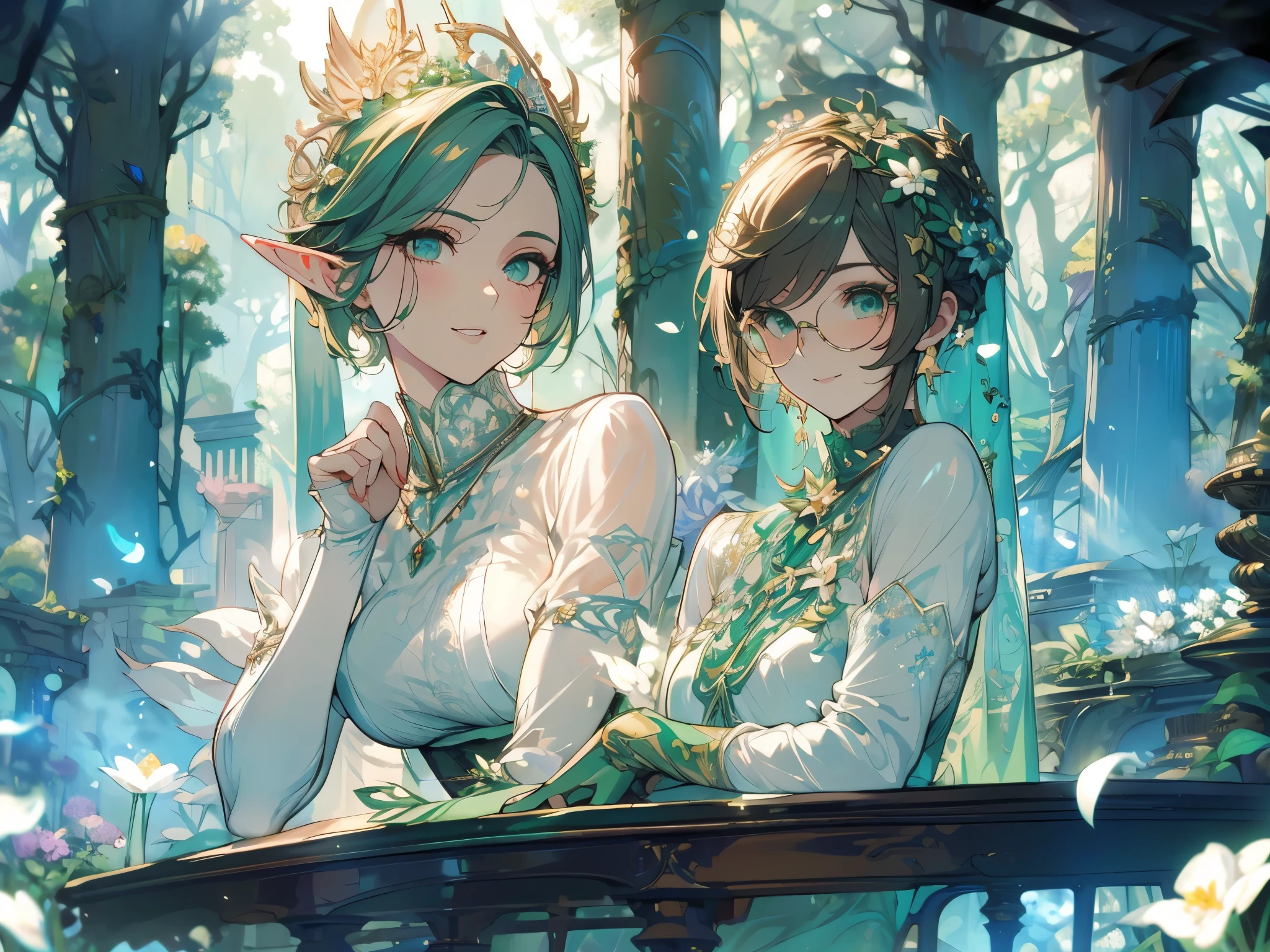 masterpiece,best quality,Elf,Forest ruins,sunglasses,Pure white background,Delicate face,Handsome short hair,Smile,whole body,Perfect body proportions,Beautiful green eyes,Flower petals rain,Sexy,transparent,High heel,Fishnet stockings,Star decoration