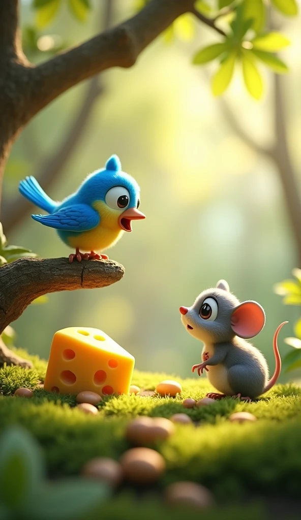 Cartoon anime 3D characters of A small, vibrant bluebird perched on a low branch, chirping urgently at the mouse, who is inching closer to the cheese. The mouse is paused mid-step, looking back at the bird with a mix of curiosity and doubt.