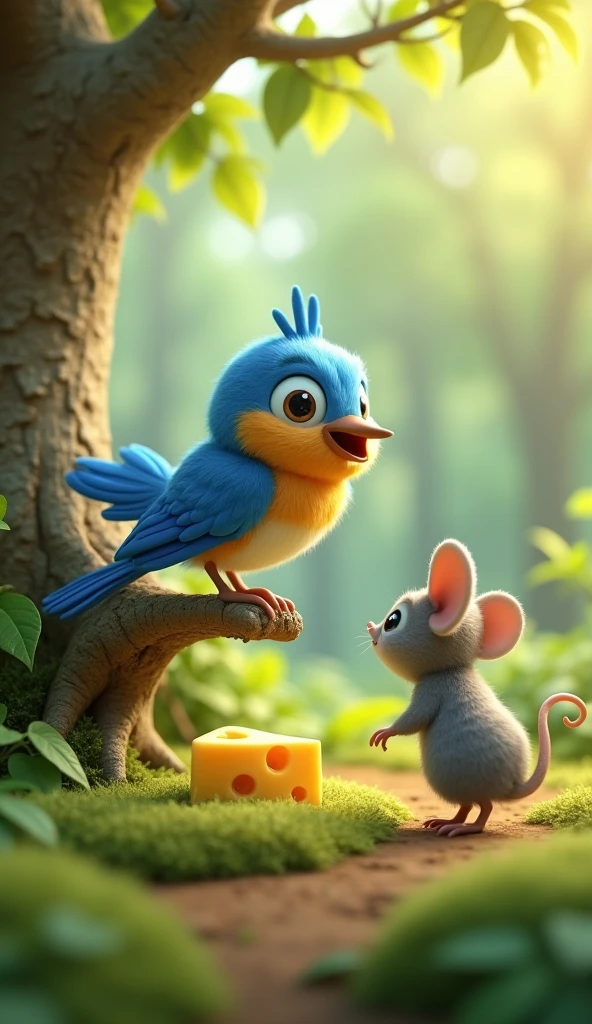 Cartoon anime 3D characters of A small, vibrant bluebird perched on a low branch, chirping urgently at the mouse, who is inching closer to the cheese. The mouse is paused mid-step, looking back at the bird with a mix of curiosity and doubt.