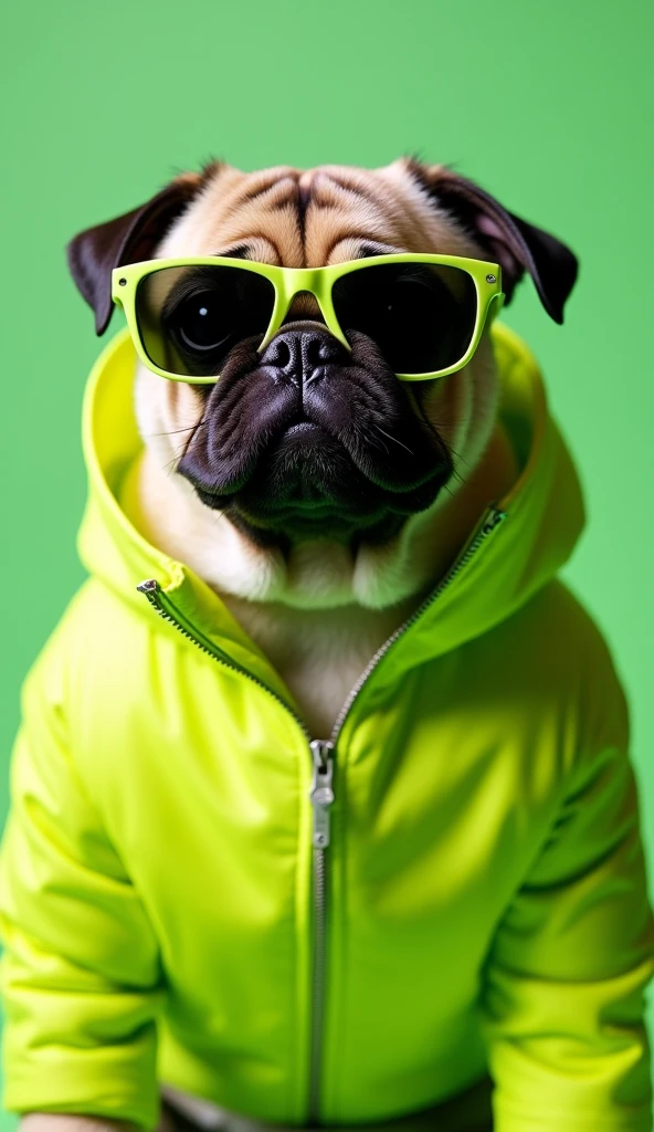 Best Mobile Wallpaper, Award Winning Wallpaper, Portrait Photography, In the front view is a portrait of a cute pug wearing mid-1970s space age fashion, front view photo, taken with Canon EOS R5, sets a strong contrast that accentuates the subject, Fluorescent green tone, Wearing a very modern coat and sunglasses is a modern 1970s style, Clothes all in one color, beautiful background, photo