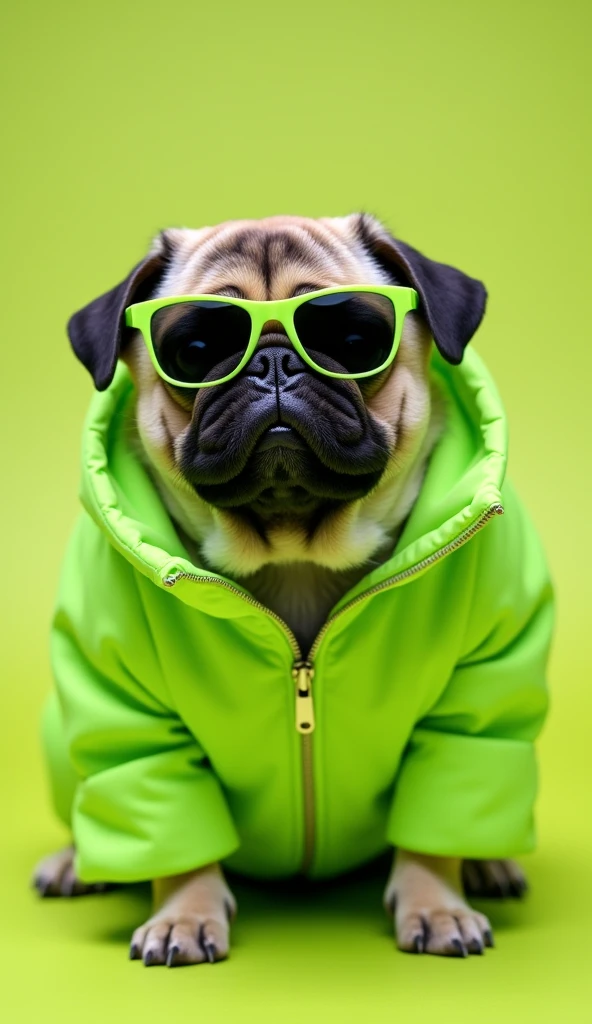 Best Mobile Wallpaper, Award Winning Wallpaper, Portrait Photography, In the front view is a portrait of a cute pug wearing mid-1970s space age fashion, front view photo, taken with Canon EOS R5, sets a strong contrast that accentuates the subject, Fluorescent green tone, Wearing a very modern coat and sunglasses is a modern 1970s style, Clothes all in one color, beautiful background, photo