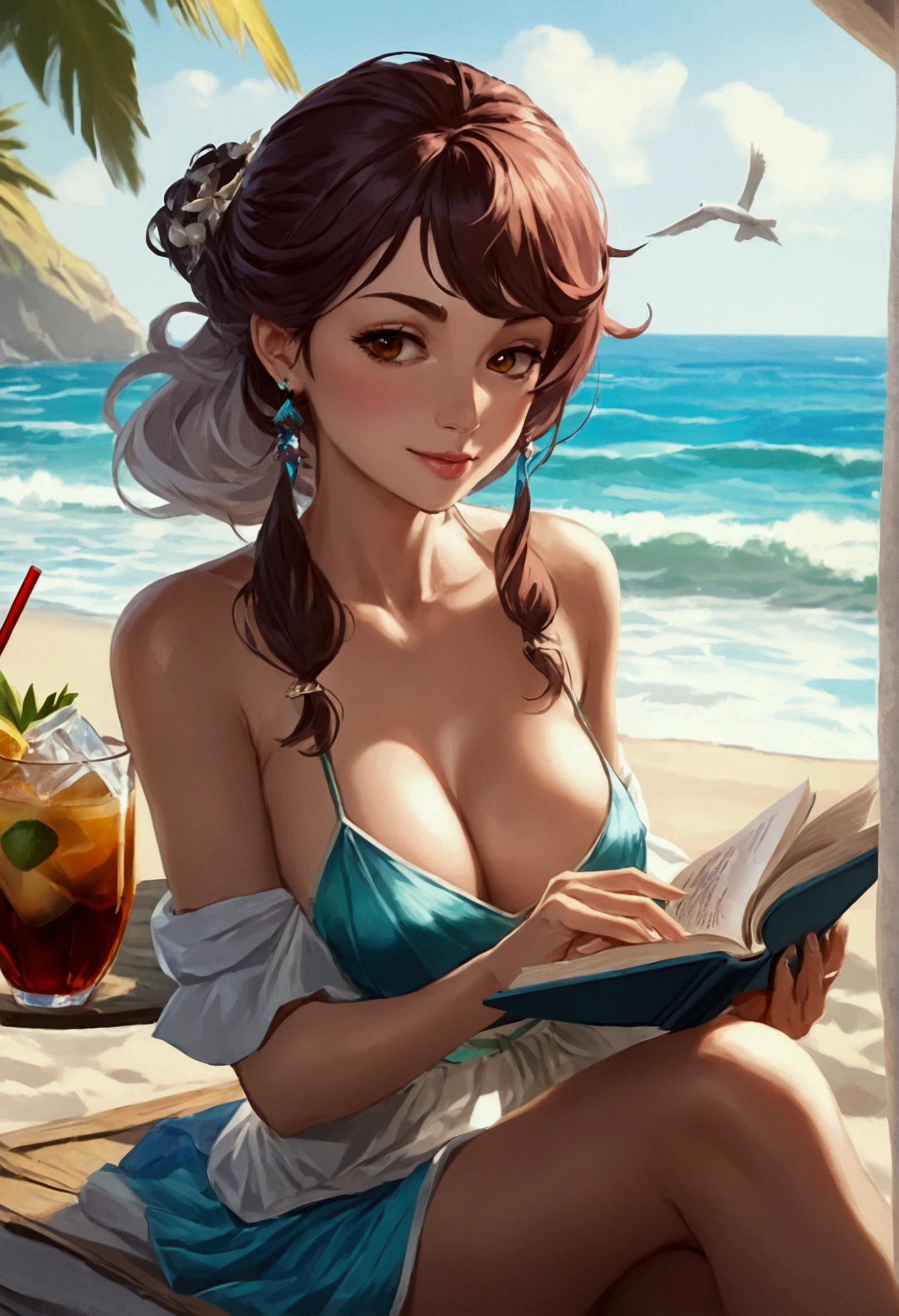 a picture of a mature woman reading a book on the beach during summer vacation, a beautiful mature woman, dynamic hair color, dynamic hair style, dynamic skin complexion, reading a book at the beach, wearing light dress, beach at summer time, (exotic cocktail drink: 1.1), sunny day, fantasy beach background,  a sense of relaxion, a sense of bliss, calm atmosphere,  , high details, best quality, 16k, [ultra detailed], masterpiece, best quality, (extremely detailed), dynamic angle, ultra wide shot, photorealistic, ((fantasy art)) ultra best realistic, best details, best quality, 16k, [ultra detailed], masterpiece, best quality, (extremely detailed), photorealism, depth of field, hyper realistic