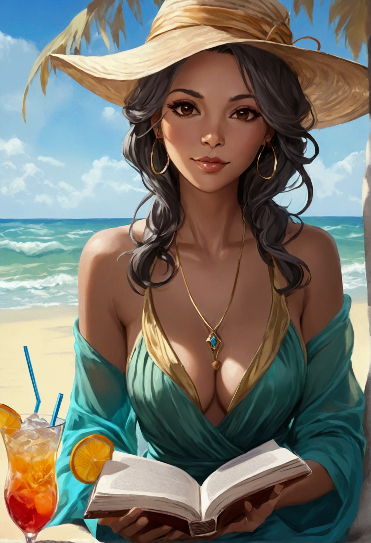 a picture of a mature woman reading a book on the beach during summer vacation, a beautiful mature woman, dynamic hair color, dynamic hair style, dynamic skin complexion, reading a book at the beach, wearing light dress, beach at summer time, (exotic cocktail drink: 1.1), sunny day, fantasy beach background,  a sense of relaxion, a sense of bliss, calm atmosphere,  , high details, best quality, 16k, [ultra detailed], masterpiece, best quality, (extremely detailed), dynamic angle, ultra wide shot, photorealistic, ((fantasy art)) ultra best realistic, best details, best quality, 16k, [ultra detailed], masterpiece, best quality, (extremely detailed), photorealism, depth of field, hyper realistic