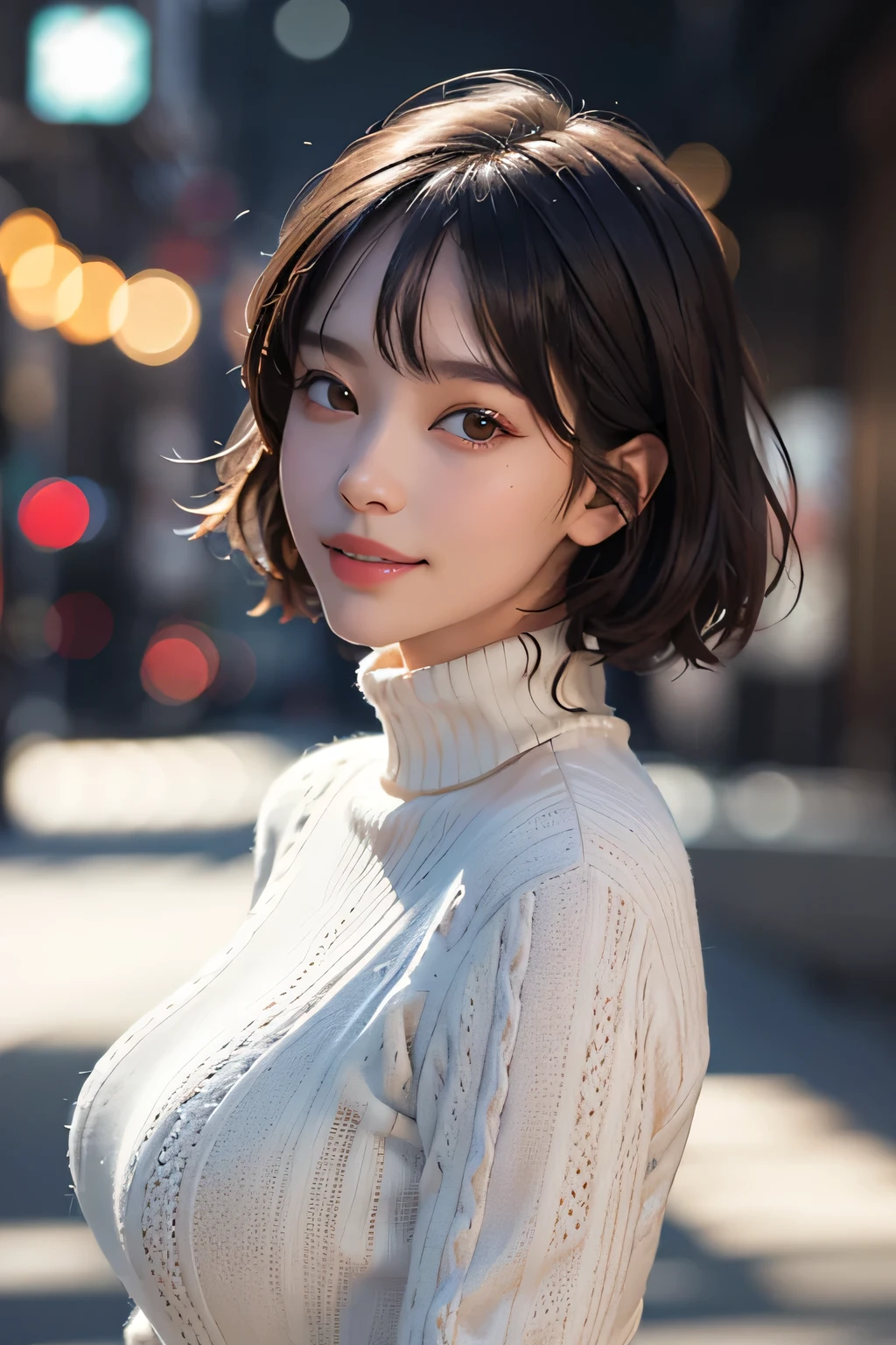 (UHigh resolution, retina, masterpiece, Accurate, Anatomically correct, Textured skin, Super Detail, Attention to detail, high quality, 最high quality, High resolution, 1080P, High resolution, 4K, 8k, 16K), (美しいAttention to detail目, Beautiful lip detail, Highly detailed eyes and face), Studio Lighting, Physically Based Rendering, Brightly colored boobs, Super big breasts, super extra big , Glamorous Body), (White turtleneck knit), (Portraiture, Bowl Cut, Shiny Hair, Glowing Skin), (Bokeh), (incline one's head to the side:1.5), Eye Reflexes, Jet Black Hair, Distinctive large, narrow eyes, Snow-like skin, Pink Lips, Rosy Cheeks, Large Breasts, A charming smile that captivates everyone who sees it, and the intelligent brain,