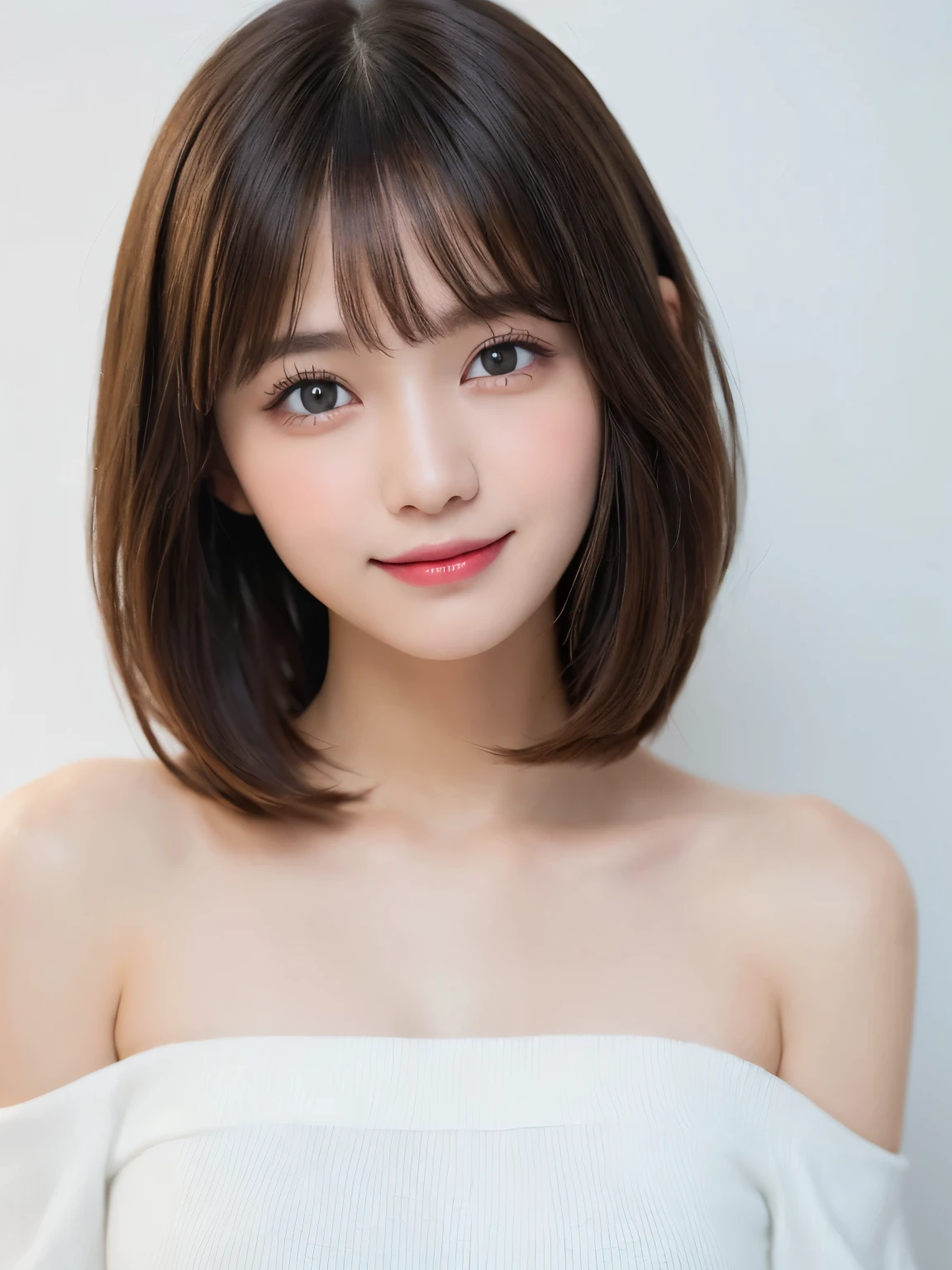 white background, full body portrait, looks very happy, smile, one girl, (a beauty girl, delicate girl:1.3), (20 years old:1.3),  (white off shoulder dress), very fine eyes, (symmetrical eyes:1.3), C cup breasts, brown eyes, parted bangs, short hair, (eyes and faces with detailed:1.0),  (masterpiece, best quality, ultra detailed, detailed face, 8k)