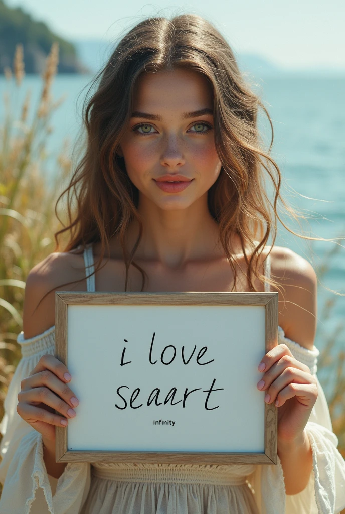 Beautiful girl with wavy long hair, bohemian dress, holding a white board with text "I Love Seaart Infinity" and showing it to the viewer