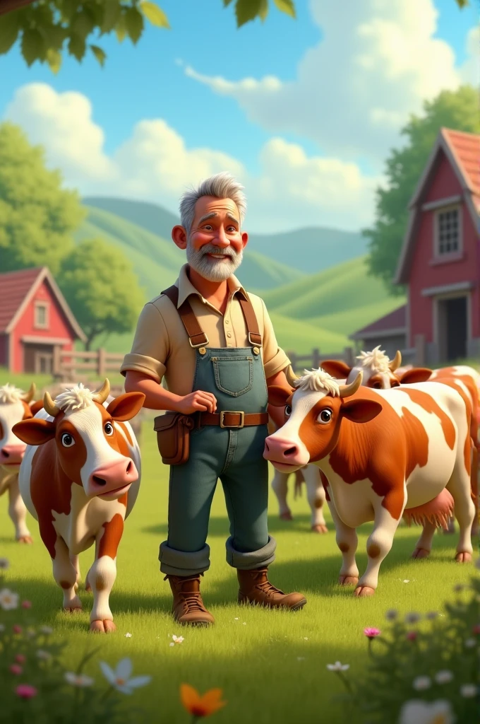 A middle aged poor farmer feeding the cows happily Pixar style disney full hd 