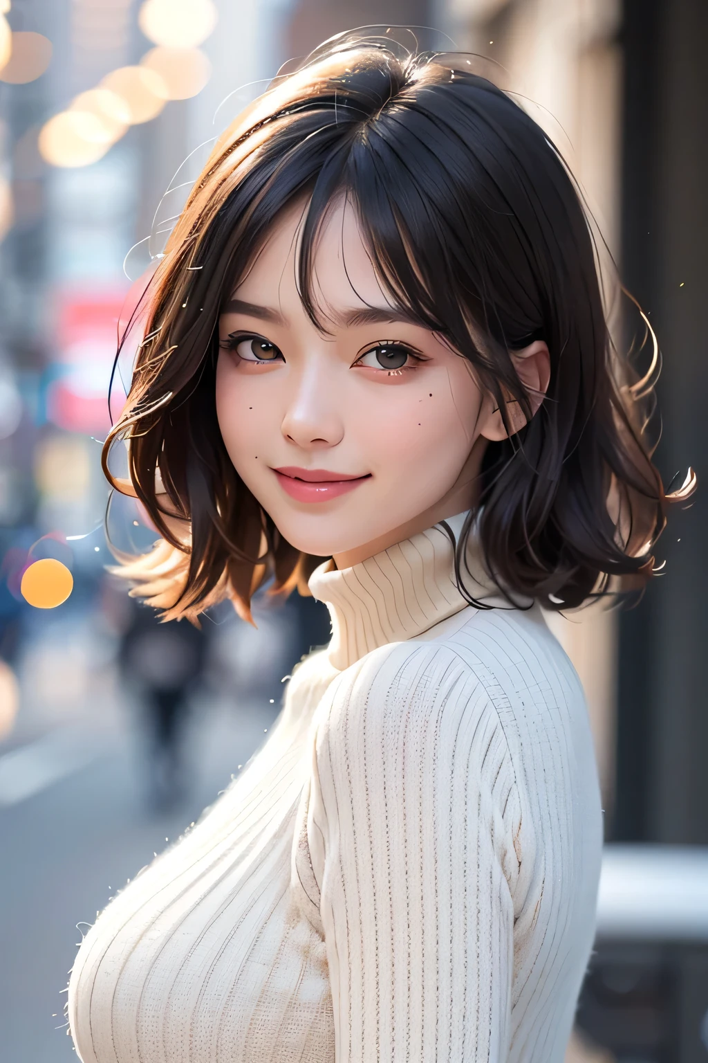 (UHigh resolution, retina, masterpiece, Accurate, Anatomically correct, Textured skin, Super Detail, Attention to detail, high quality, 最high quality, High resolution, 1080P, High resolution, 4K, 8k, 16K), (美しいAttention to detail目, Beautiful lip detail, Highly detailed eyes and face), Studio Lighting, Physically Based Rendering, Brightly colored boobs, Super big breasts, super extra big , Glamorous Body), (White turtleneck knit), (Portraiture, Bowl Cut, Shiny Hair, Glowing Skin), (Bokeh), (incline one's head to the side:1.5), Eye Reflexes, Jet Black Hair, Distinctive large, narrow eyes, Snow-like skin, Pink Lips, Rosy Cheeks, Large Breasts, A charming smile that captivates everyone who sees it, and the intelligent brain,