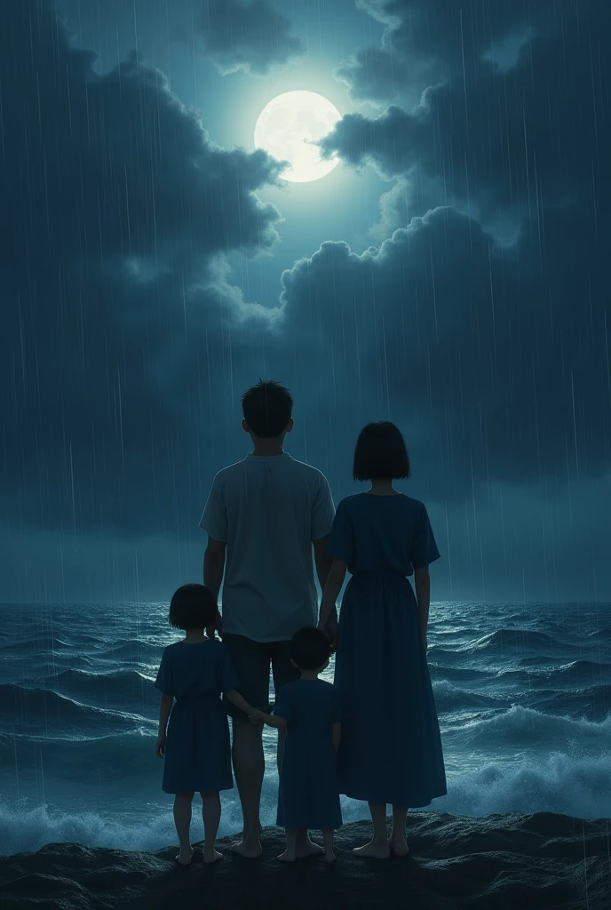 a family with straight bobbed board , middle ocean, night rain