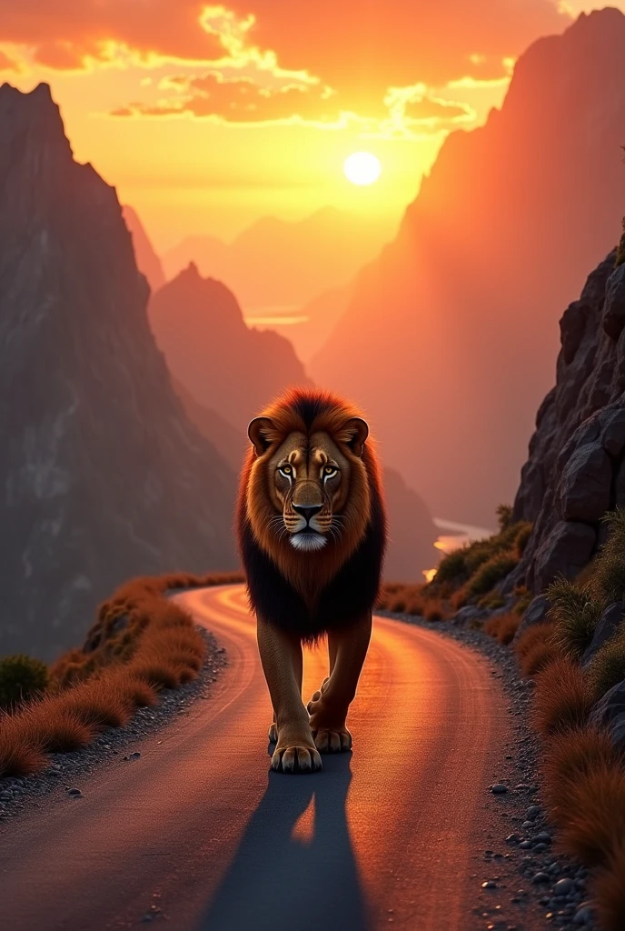 A lion walks proudly at sunset on a mountain road. 