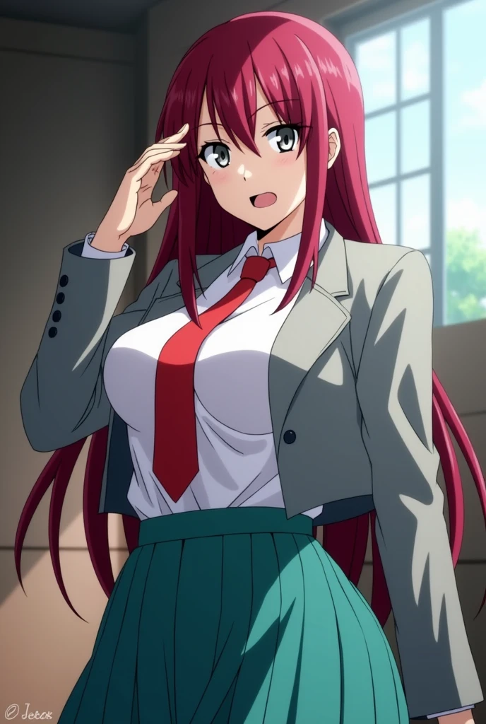 Screenshot of Boku no hero academia Beautiful teenager Long straight dark red hair , grey eyes, upturned nose, full pink lips, defined jaw and serious features, large breasts and large buttocks, small waist and flat stomach and wearing a teal skirt uniform, white shirt with a red tie and a gray jacket