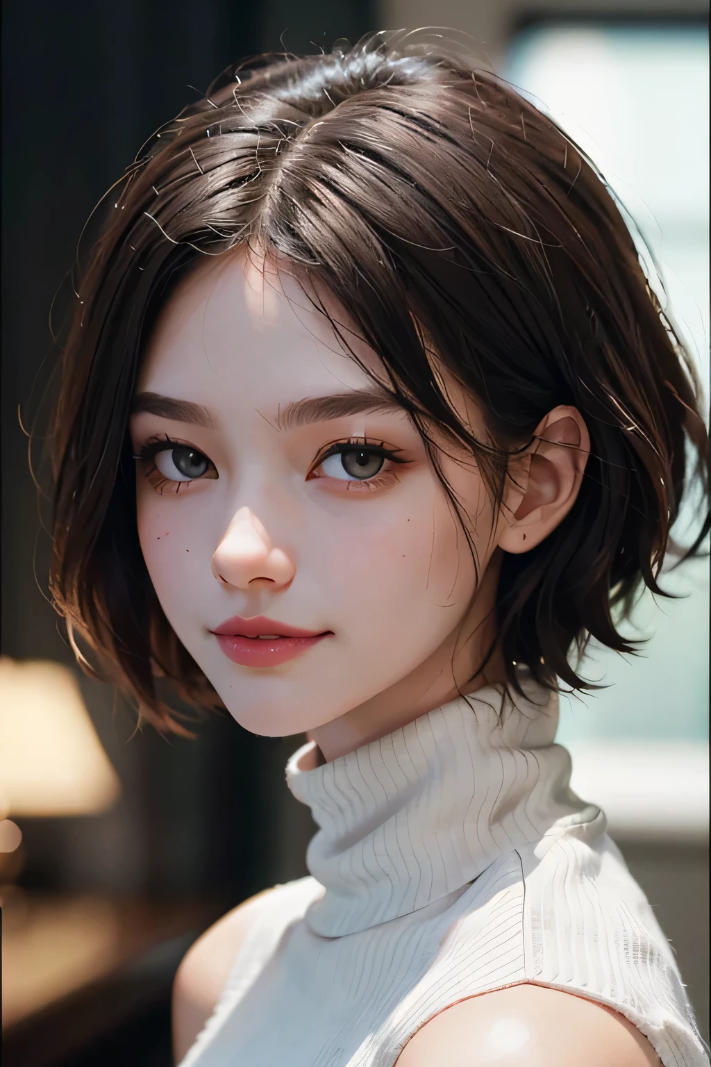 (UHigh resolution, retina, masterpiece, Accurate, Anatomically correct, Textured skin, Super Detail, Attention to detail, high quality, 最high quality, High resolution, 1080P, High resolution, 4K, 8k, 16K), (美しいAttention to detail目, Beautiful lip detail, Highly detailed eyes and face), Studio Lighting, Physically Based Rendering, Brightly colored boobs, Super big breasts, super extra big , Glamorous Body), (White turtleneck knit), (Portraiture, Bowl Cut, Shiny Hair, Glowing Skin), (Bokeh), (incline one's head to the side:1.5), Eye Reflexes, Jet Black Hair, Distinctive large, narrow eyes, Snow-like skin, Pink Lips, Rosy Cheeks, Large Breasts, A charming smile that captivates everyone who sees it, and the intelligent brain,