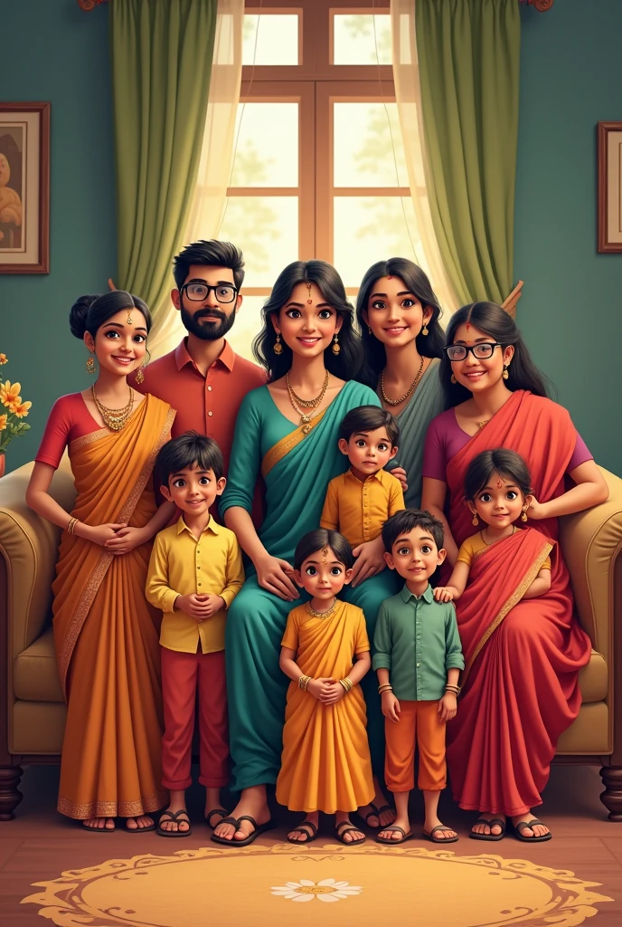 An Indian family with 3 male children of 12 years 1 female children of 8 years 1 male teenager of 14 years 1 female teenager of 14 years 1 female teenager of 17 years 1 male adult of 19 years 2 female adult of 20 years 4 mothers 4 fathers 2 grandmothers 1 grandfather together 
 
