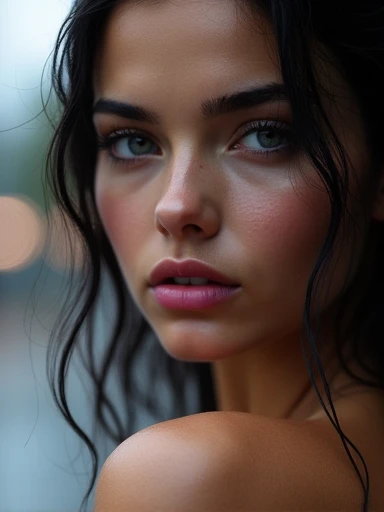 (Masterpiece.uhd.photorealistic) an ultra hot gorgeous European woman. Age 23. Voluptuous hourglass body.gorgeous . Huge boobs (100 dad size). (( extreme close up on her full purple lips.)) rainy day.