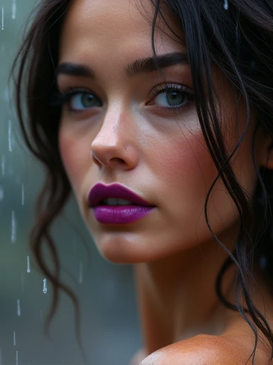 (Masterpiece.uhd.photorealistic) an ultra hot gorgeous European woman. Age 23. Voluptuous hourglass body.gorgeous Baby face. Huge boobs (100 dad size). (( extreme close up on her full purple lips.)) rainy day.