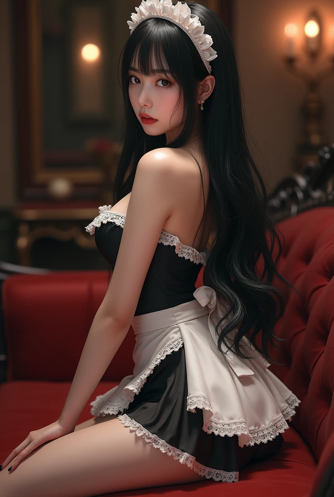 A white-skinned, black-haired Asian girl wearing a sensual maid outfit