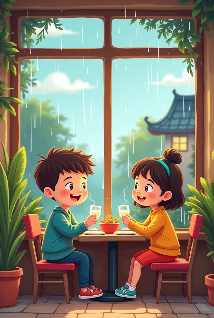 A cartoon of A boy and a girl sitting at restaurant in rainy season