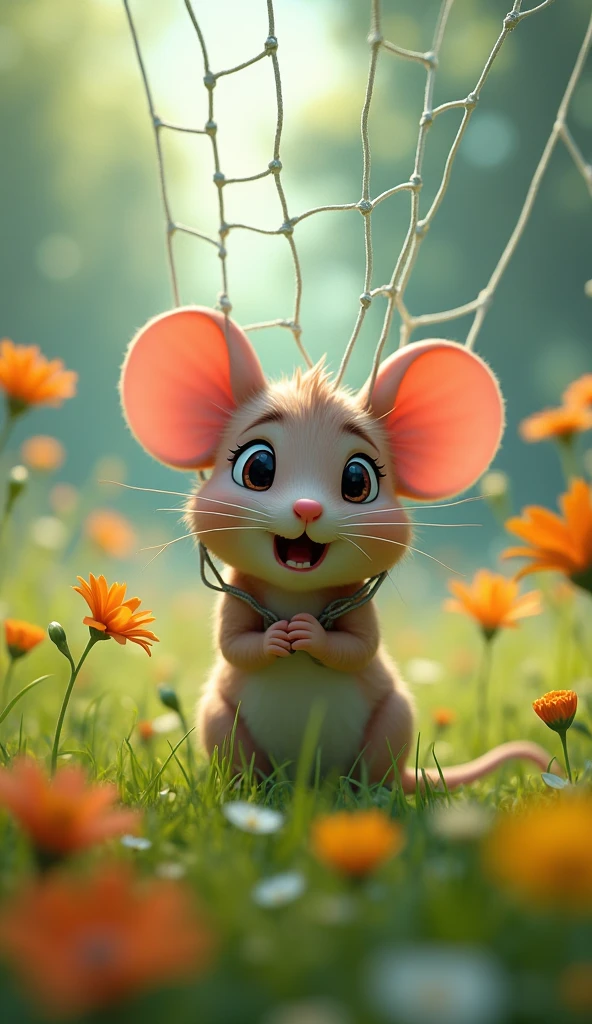 Cartoon anime 3D characters of The mouse is caught in a net that has swooped down from above. The net is tight around her, and she looks surprised and frightened. The clearing is now filled with tension, as the once peaceful meadow becomes a scene of danger