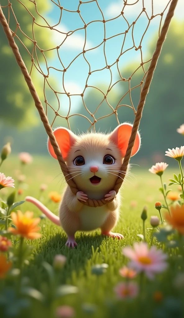 Cartoon anime 3D characters of The mouse is caught in a net that has swooped down from above. The net is tight around her, and she looks surprised and frightened. The clearing is now filled with tension, as the once peaceful meadow becomes a scene of danger