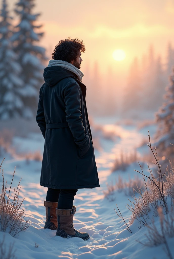 Back view not revealing his face ,of A 20 yr old Indian man with black hair wearing winter long black coat and cloth around his neck with black pants and winter boots standing and looking into the winter fall Infront of him  with warm sunlight falling over the ice
