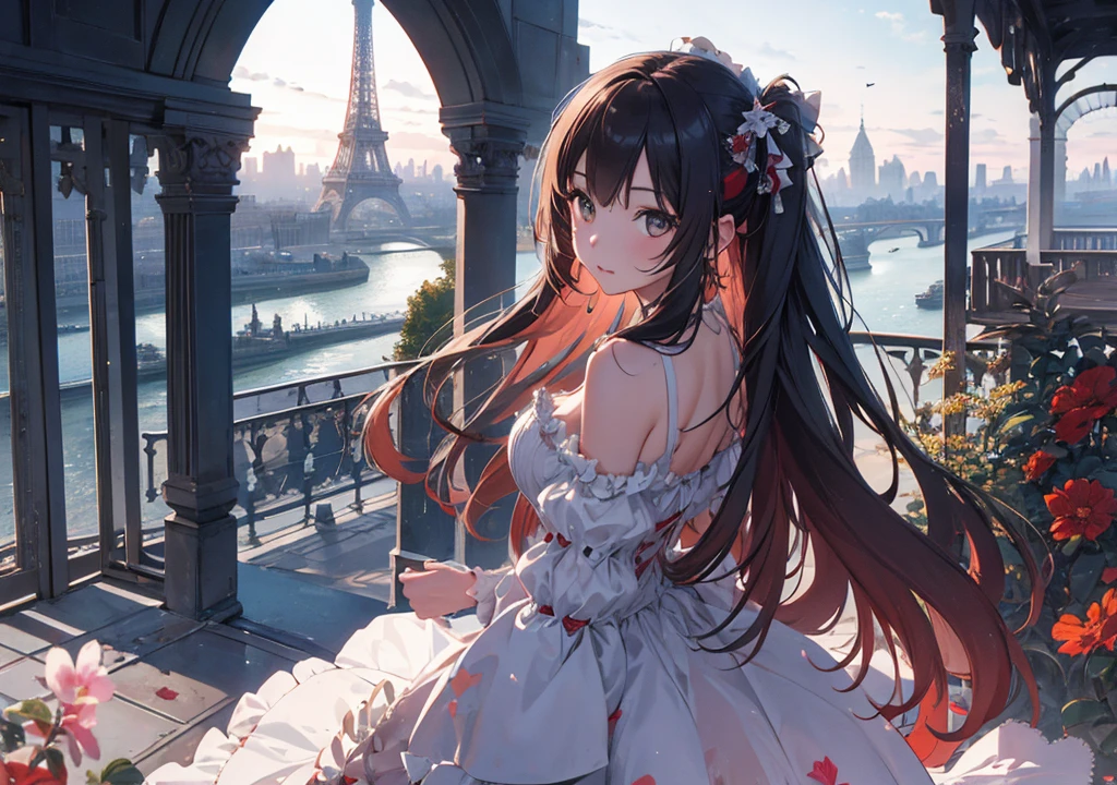Realistic photos, Focus distance 10mm, Red and white, Beautiful girl, Realistic photos, Shooting at focus distance 10mm, masterpiece, 最high quality, high quality, Very detailed CG 8k wallpaper unit, Award-winning photography, Depth of written boundary, High resolution, bloom, chromatic aberration, Realistic, Very detailed, Art Station Trends, CGsociety Trends, Complex, High detail, dramatic, Art on the go, volumetric lighting, A beautiful girl is standing in front of the Disney-style Eiffel Tower, looking at the Paris cityscape in a gorgeous dress. In the background, the Seine River sparkles, and the French landscape spreads out under the blue sky