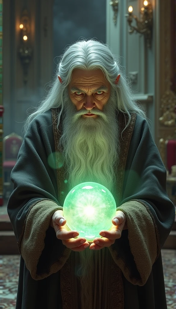 (Nordic Granny, Wearing a piece of cloth, Holding a magic crystal ball, Casting a Spell, best quality, 4K resolution, , in a luxurious palace, Superrealisticart)