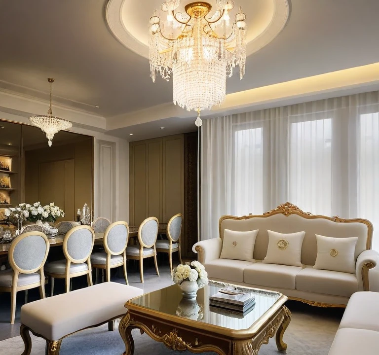 ,Masterpiece, Best quality,8K, Ultra-high resolution,When you step into the living room,Immediately surrounded by a rich atmosphere of luxury。Ornate crystal chandeliers hang high on the wall,Shine brightly。The sofa was covered with a soft white fluffy blanket,It is so comfortable,So much so that you can't help but indulge in it。In the corner of the living room is a delicate coffee table,Embellished with precious porcelain and champagne gold ornaments。Whenever it is late afternoon,The afterglow from the window spilled on the floor,Soft light and shadow are reflected,It was as if entering a dreamland。