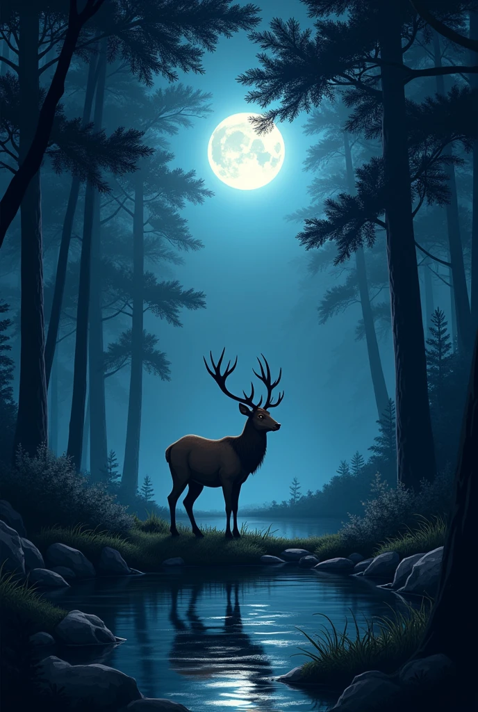 a visually stunning masterpiece of a beautiful deer in the woods with a beautiful fullmoon, calm night. digital illustration, night in the forest