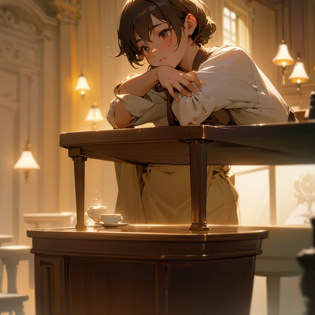 a beautiful and cute anime girl, sitting alone in a large cafe, drinking coffee, illuminous environment, studio lighting, counter nearby with male barista, intricate details, elegant pose, cinematic lighting, photorealistic, 8k, highly detailed, masterpiece, realistic, atmospheric, warm colors, chiaroscuro, moody, dramatic, elegant, sophisticated, dreamlike