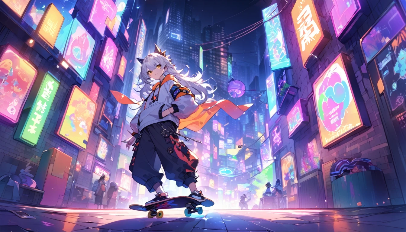 "In a vibrant place、Create a cartoon illustration of a young man doing amazing tricks on a skateboard。, Neon-lit urban environment. Characters need spiky hair, Wearing stylish clothing, including a hoodie, Baggy pants, Accessories such as goggles and armbands. Skateboards are colorful, Eye-catching design. Draw a bright cityscape in the background, Colorful lights and signs, Gives vitality and energy."、White Hair、A girl with long hair