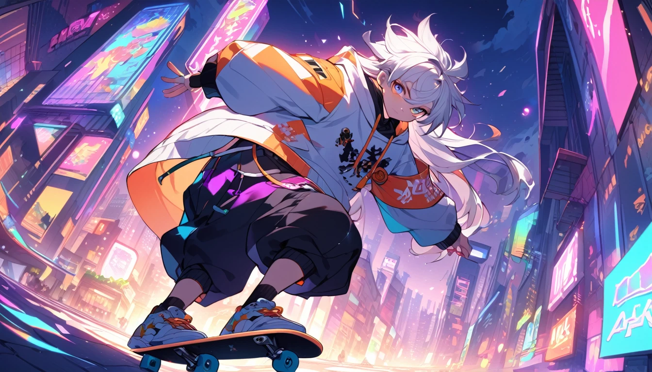"In a vibrant place、Create a cartoon illustration of a young man doing amazing tricks on a skateboard。, Neon-lit urban environment. Characters need spiky hair, Wearing stylish clothing, including a hoodie, Baggy pants, Accessories such as goggles and armbands. Skateboards are colorful, Eye-catching design. Draw a bright cityscape in the background, Colorful lights and signs, Gives vitality and energy."、White Hair、A girl with long hair