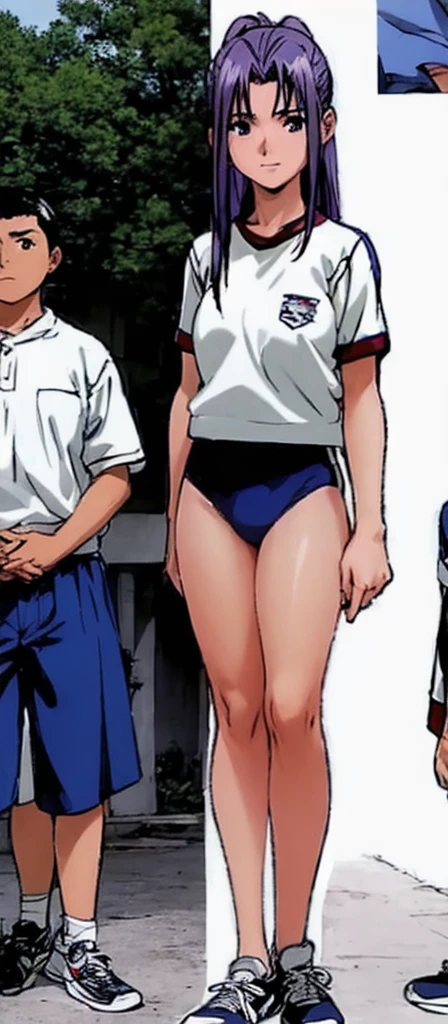 Momoko Koigakubo, a tall girl with beautiful legs, is standing in a white gym uniform and light navy blue bloomers that look like panties.。A young boy in a tracksuit is standing next to Momoko Koigakubo and is being held by her.。