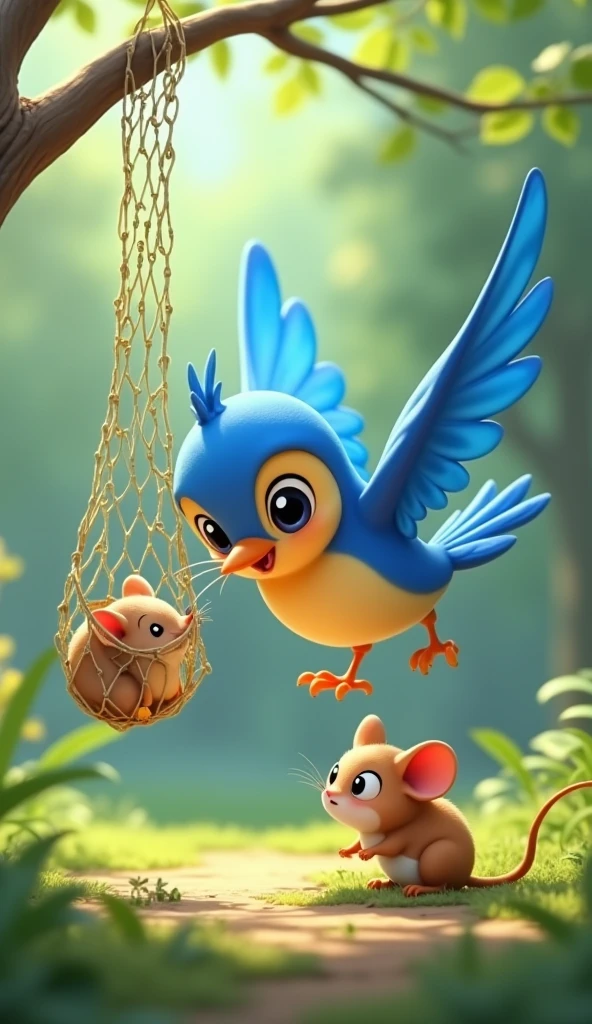 Cartoon anime 3D characters of The bluebird is frantically pecking at the net with determination, his wings flapping as he works to free the mouse. The mouse is watching the bird with hopeful eyes, still trapped but trusting her friend