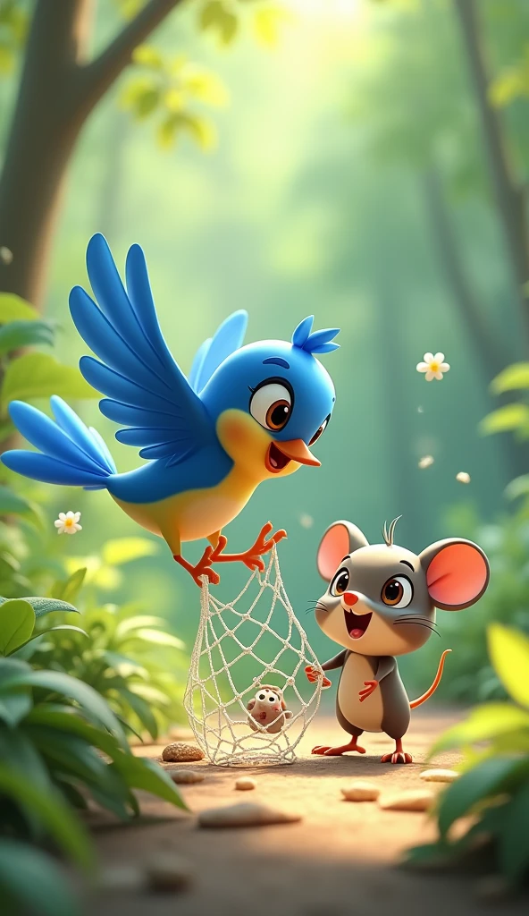 Cartoon anime 3D characters of The bluebird is frantically pecking at the net with determination, his wings flapping as he works to free the mouse. The mouse is watching the bird with hopeful eyes, still trapped but trusting her friend