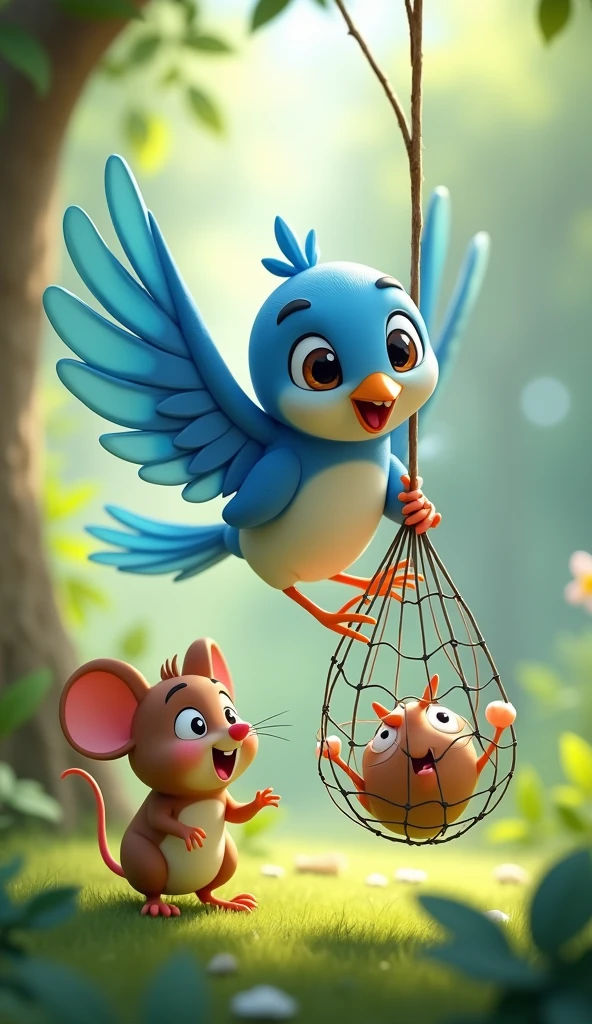 Cartoon anime 3D characters of The bluebird is frantically pecking at the net with determination, his wings flapping as he works to free the mouse. The mouse is watching the bird with hopeful eyes, still trapped but trusting her friend