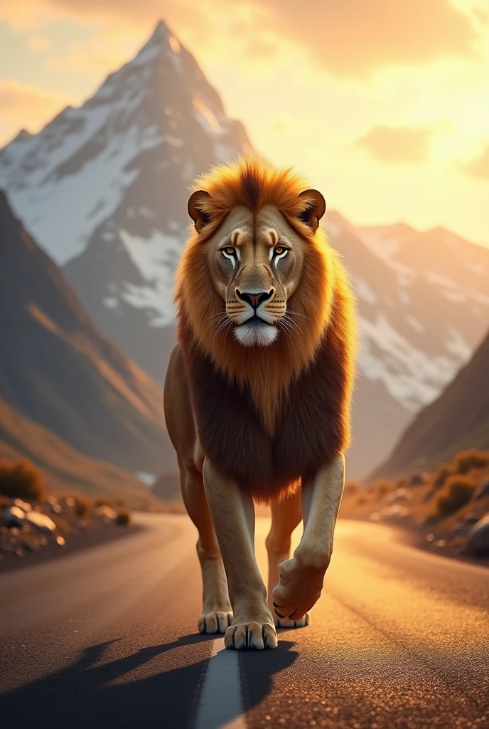 Lion walking proudly at sunset on a mountain road Realistic real details  